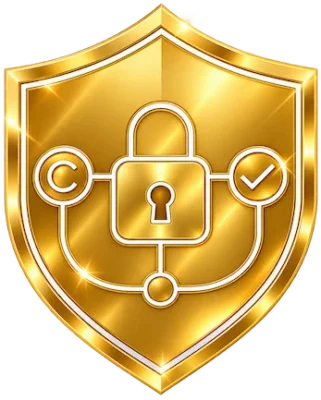 Gold shield with padlock, copyright symbol, and checkmark linked by lines.