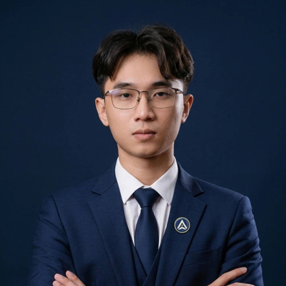 Young man in blue suit and glasses stands with arms crossed, serious expression.