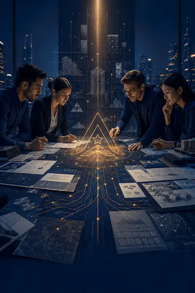 Four professionals review building plans with a glowing star-shaped hologram at night.