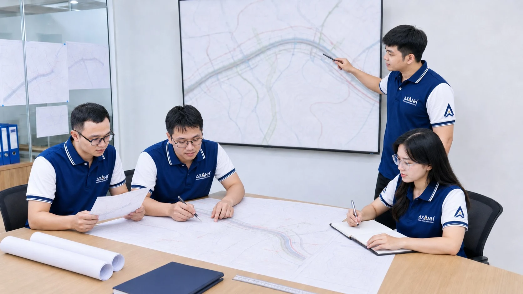 AEC leadership team reviewing engineering drawings and project information together.