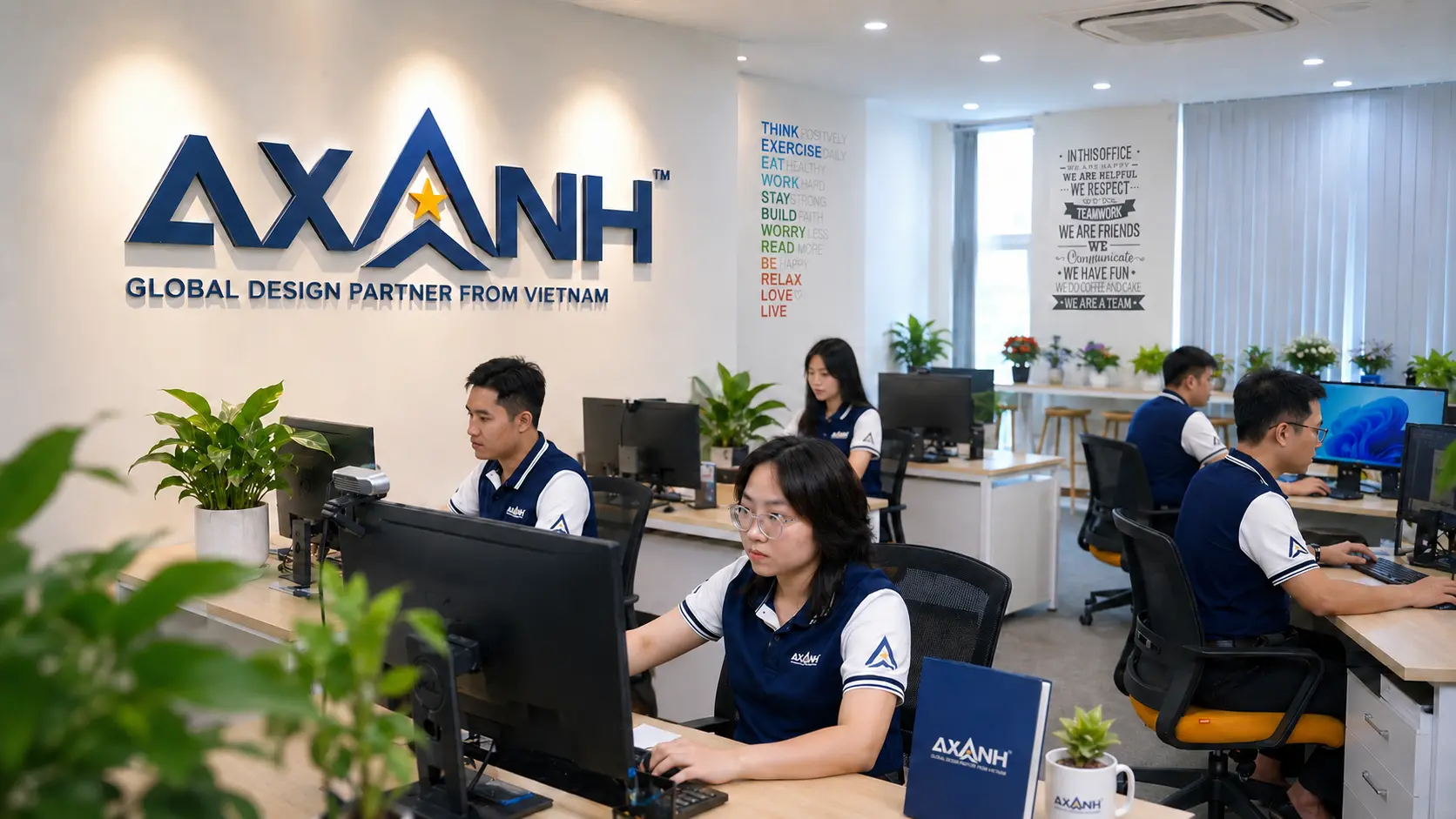 AXANH logo meaning illustrated through a modern office workspace concept