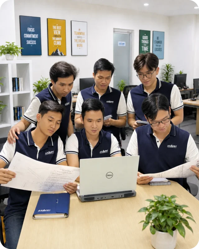 Six men in work uniforms review documents together at a laptop in an office.