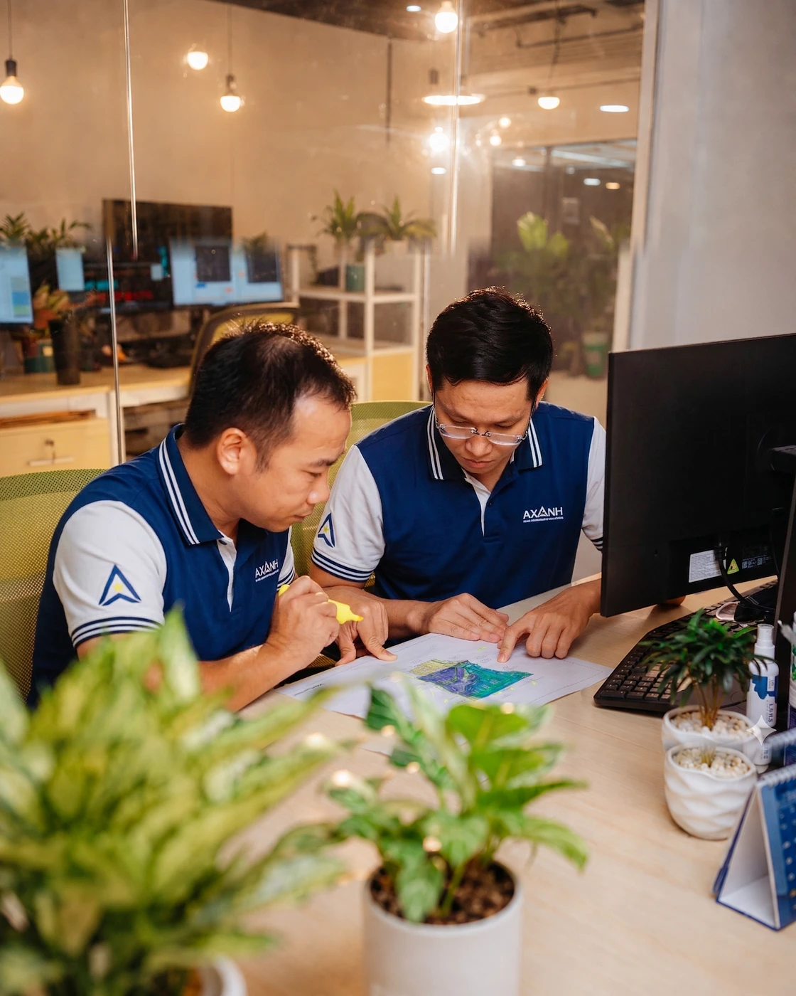 Two men in blue uniforms review documents at a desk in an office.