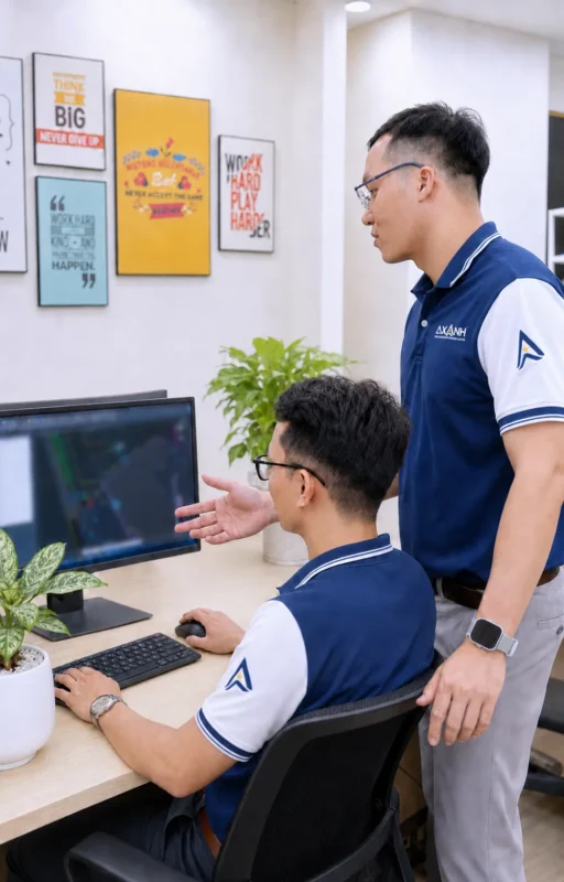 Two men in blue uniforms discuss work at a computer in an office.