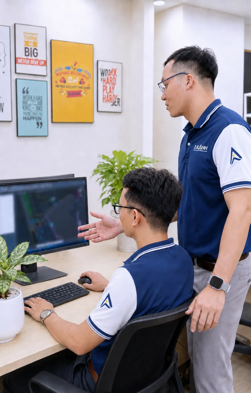 Two men in blue uniforms discuss work at a computer in an office.