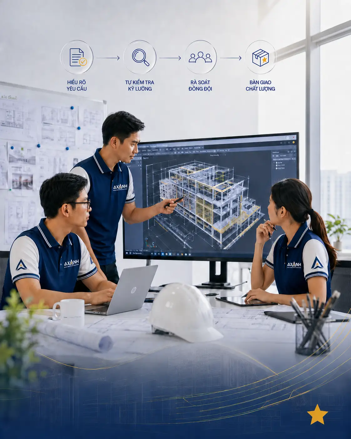 Three people in uniforms review a 3D building model on an office screen.