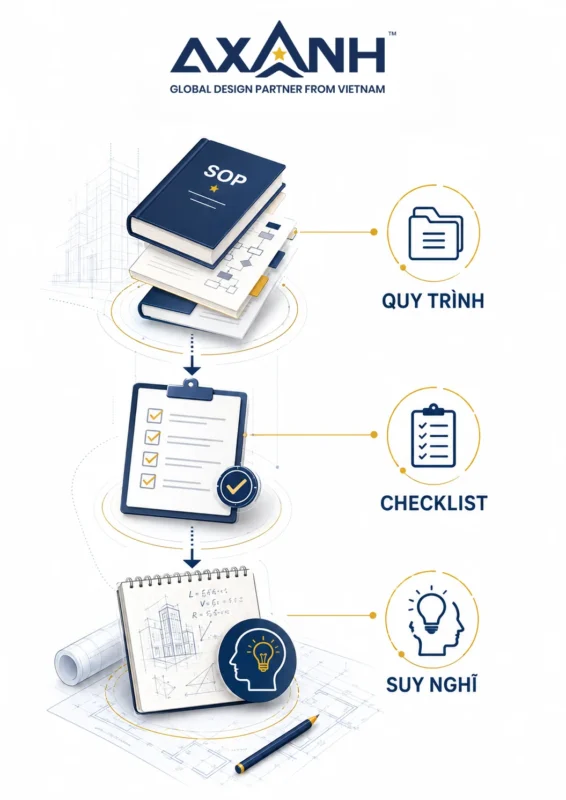 Flowchart showing SOP books, a checklist, and idea sketchbook with Vietnamese labels.