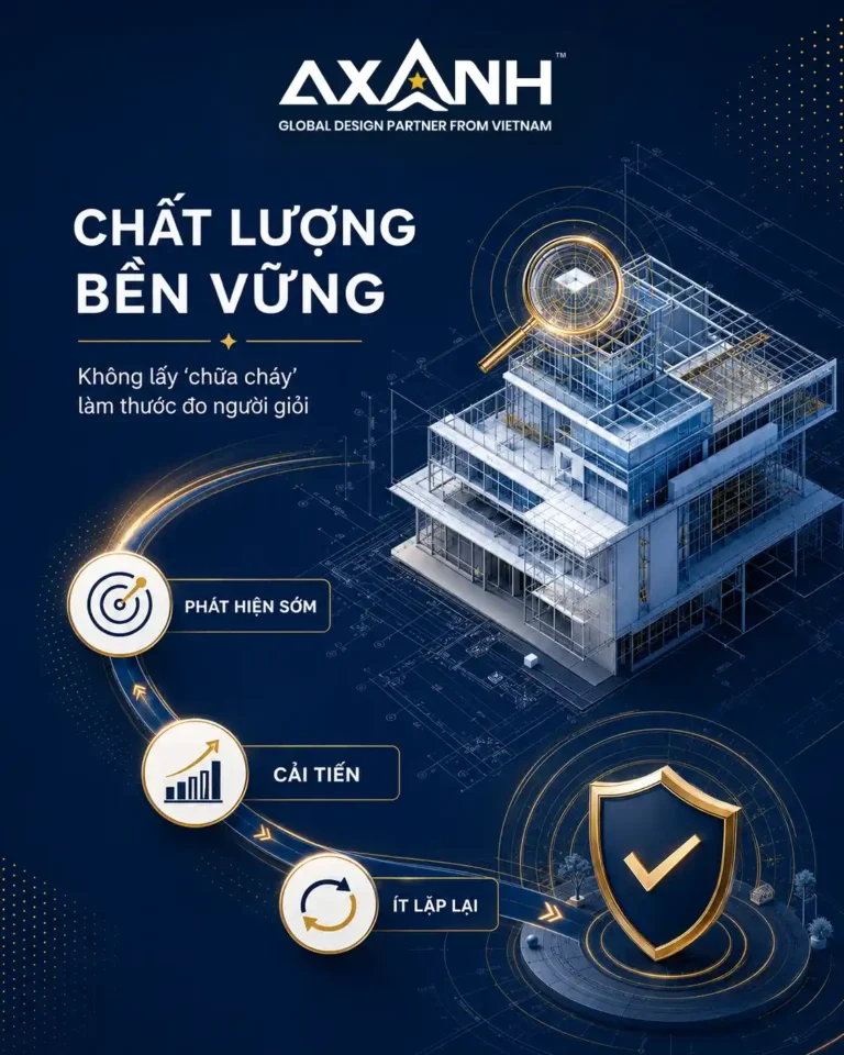 3D building model with construction icons, shield symbol, and Vietnamese quality message.