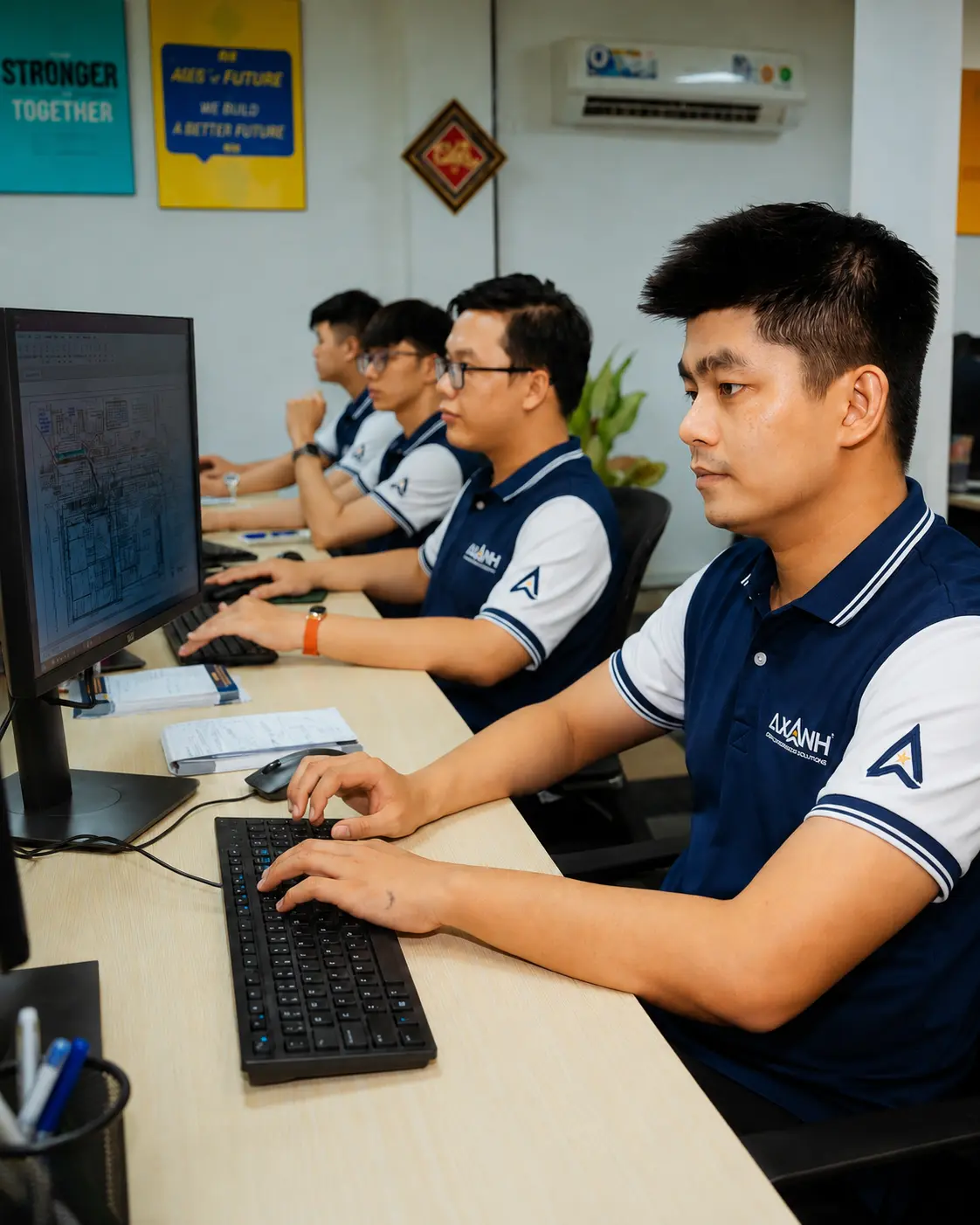 Đội ngũ AXANH làm việc trên máy tính và bản vẽ kỹ thuật tại văn phòng