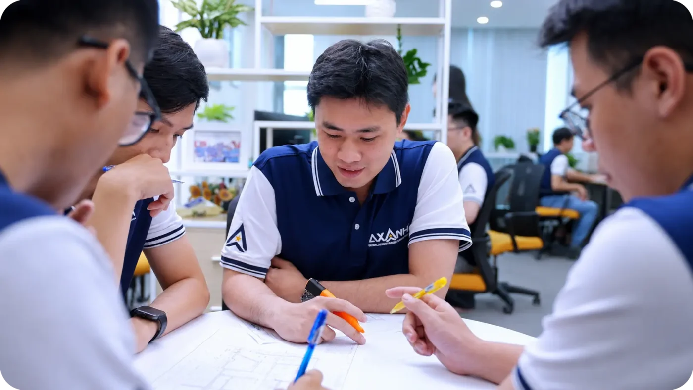 Four men review a blueprint together at a table in an office.