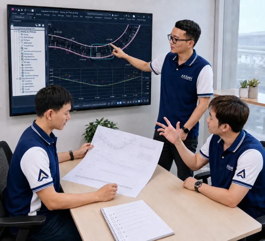 Three men in matching shirts review technical drawings at a table.