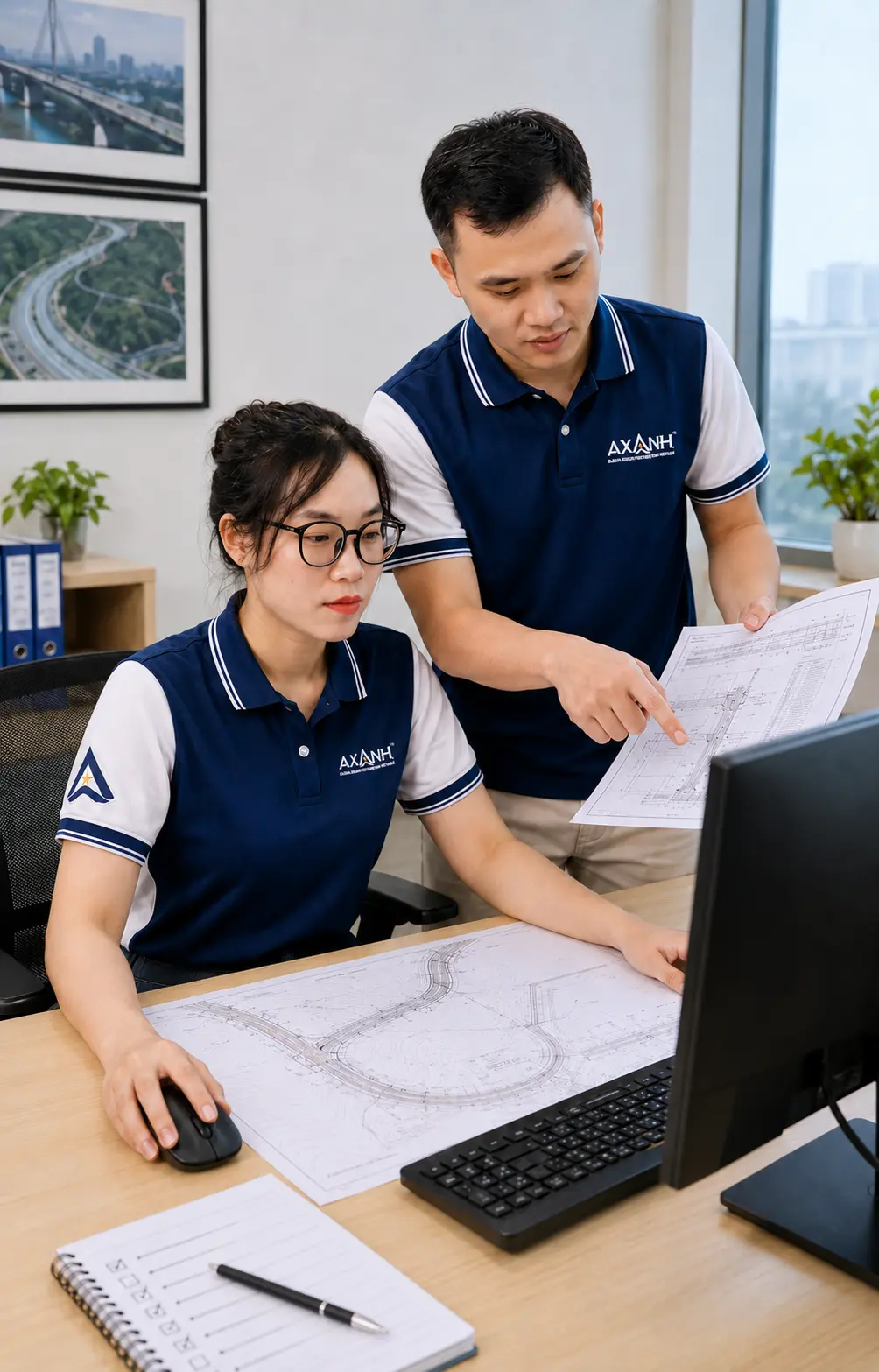 Two colleagues in uniforms review blueprints together at a desk with computer.