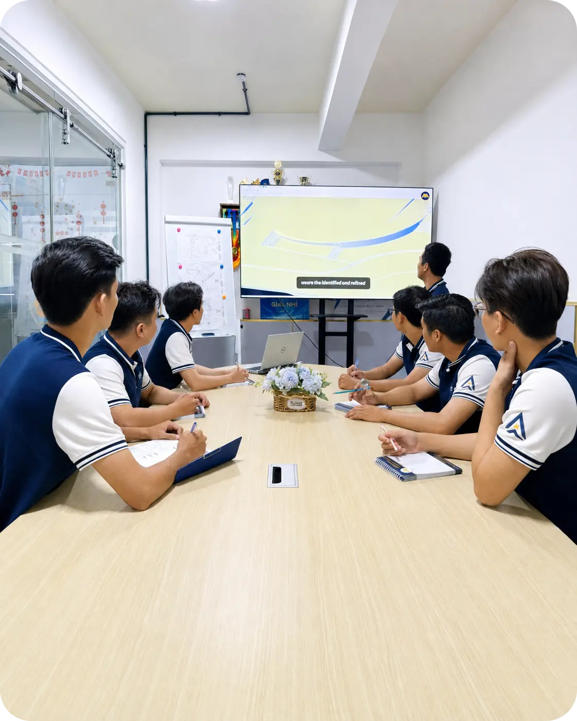 Seven people at a table watch a screen as one person presents information.