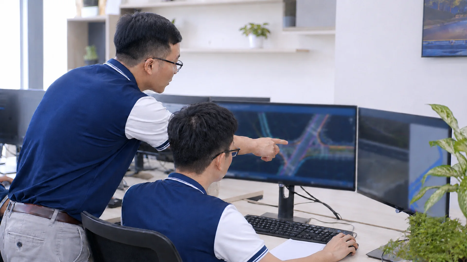 Kỹ sư trẻ trao đổi với người hướng dẫn trong buổi xem xét hồ sơ kỹ thuật