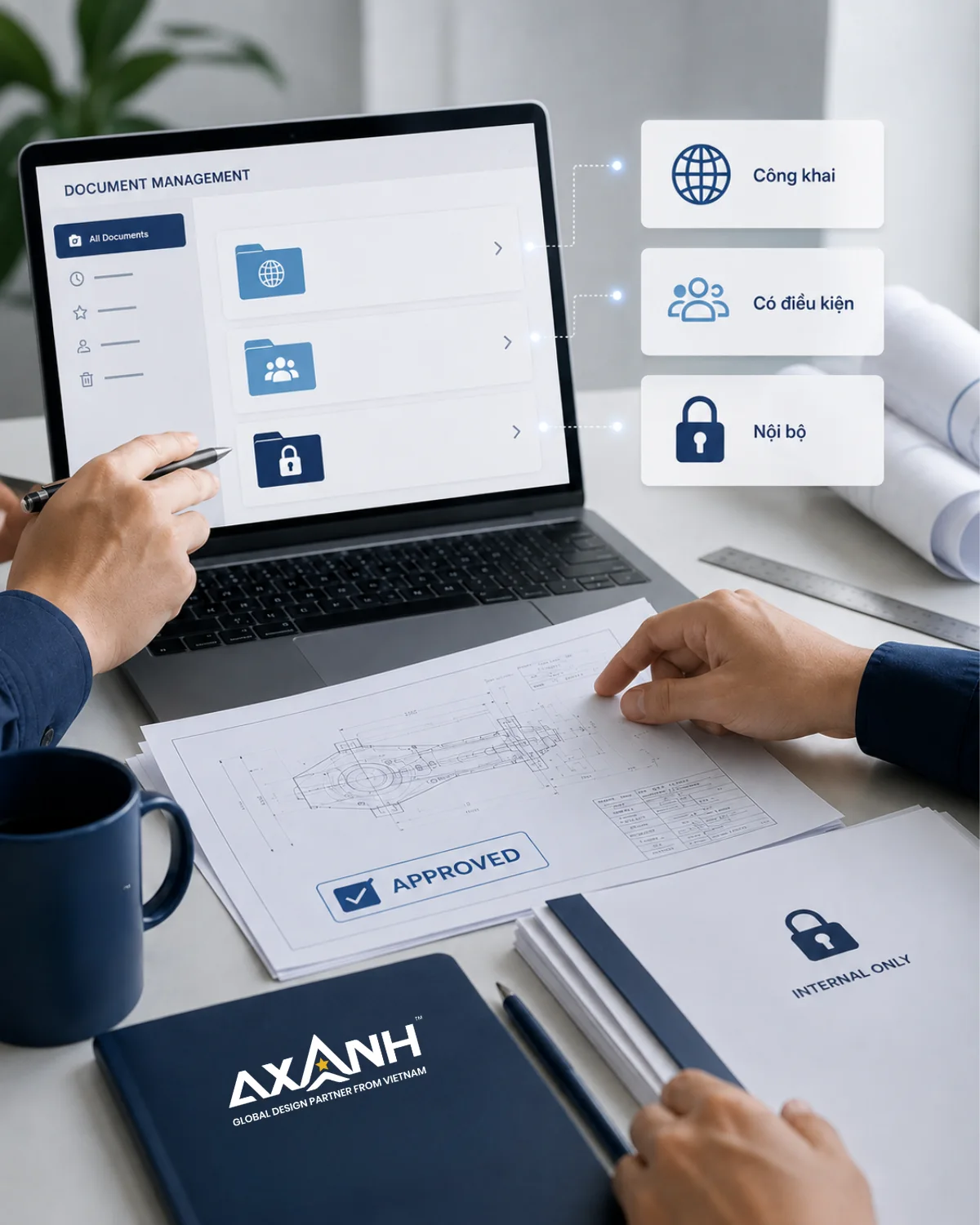 Person reviews documents at desk; folders labeled INTERNAL ONLY and AXANH visible.