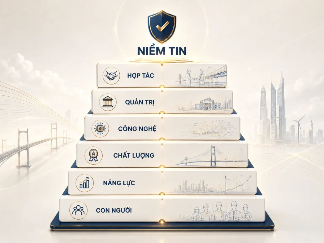 Pyramid diagram with Vietnamese values on each tier and cityscape illustrations.