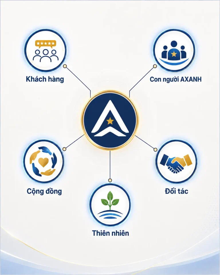 Logo of AXANH at center, connected to five labeled icons: Customers, People, Community, Nature, Partners.