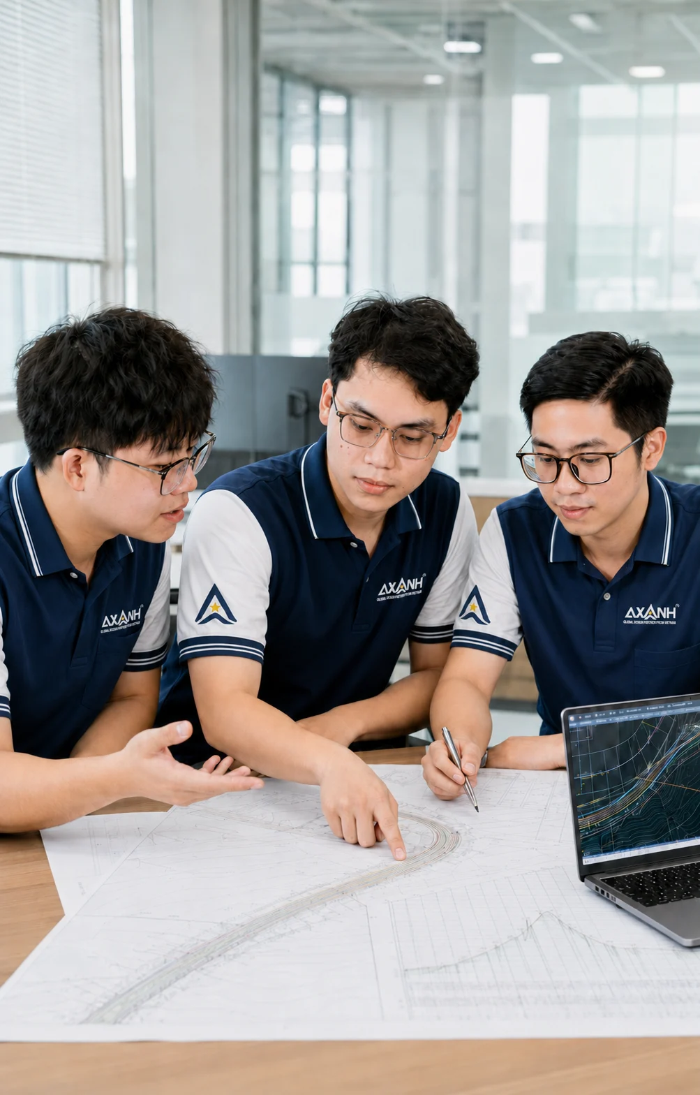 Three men in blue polos review a blueprint, with a laptop showing a graph.