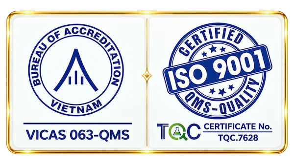 Hình nhận diện chứng nhận ISO 9001:2015 với dấu TQC và VICAS 063-QMS