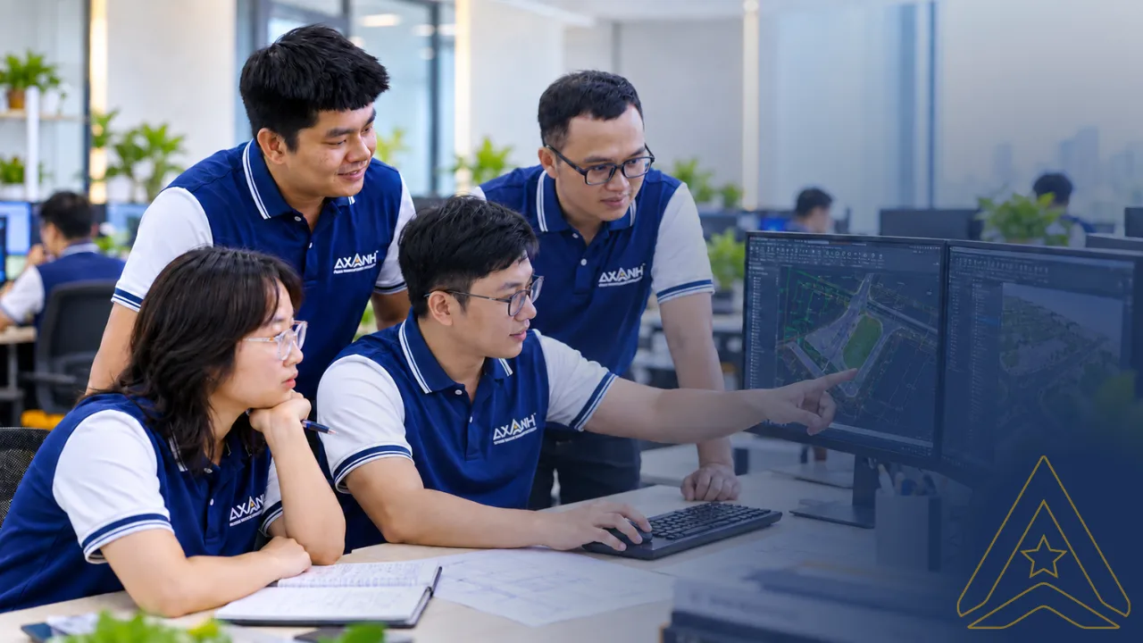AXANH engineers reviewing civil design plans together, illustrating how to evaluate an engineering outsourcing partner beyond hourly rate.